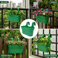 GoHooked green plastic railing hanging planter pot with double hooks, 12 inch rectangular design for balcony, fence, or indoor window.