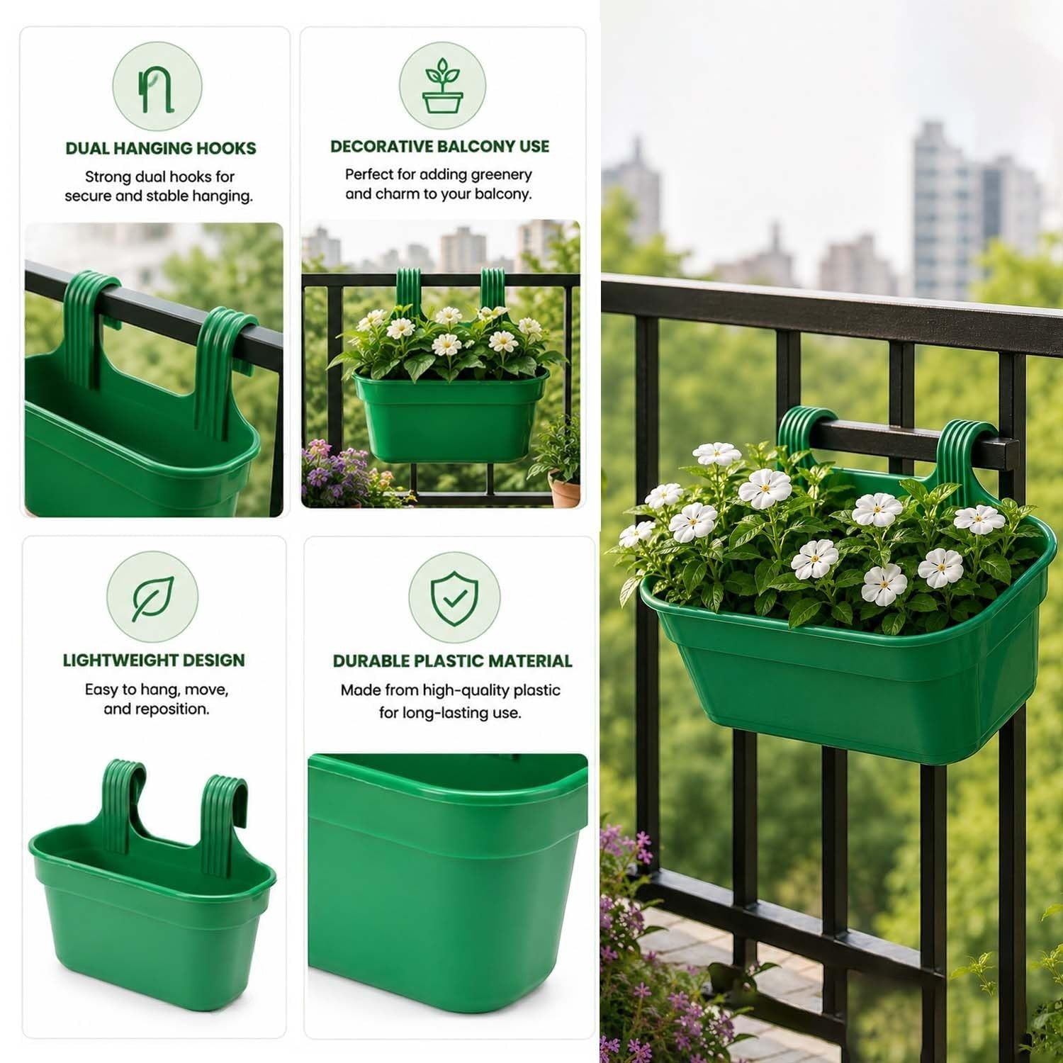 GoHooked green rectangular plastic railing hanging planter pot with white flowers, set of 10.