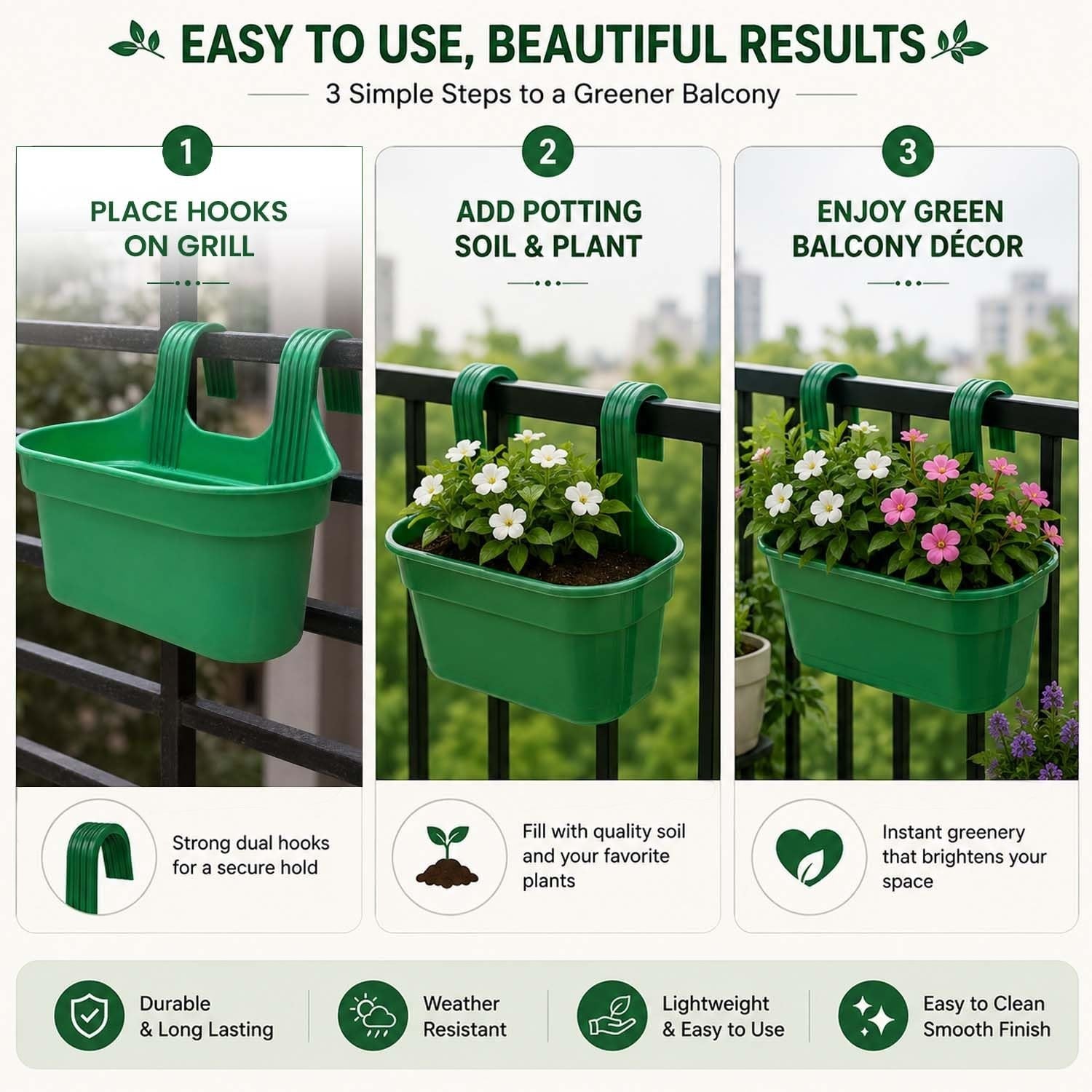 GoHooked green plastic railing hanging planter pot with double hooks, 12 inch rectangular shape, set of 7.