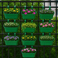 GoHooked green plastic railing hanging planters with double hooks, set of 10, rectangular shape, holding various flowers and plants.