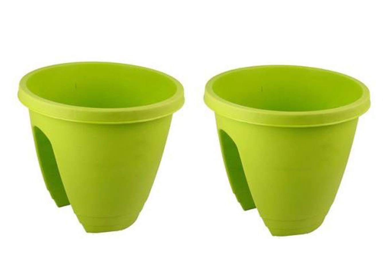 Go Hooked set of 2 green 12-inch plastic railing planters for balcony decor.