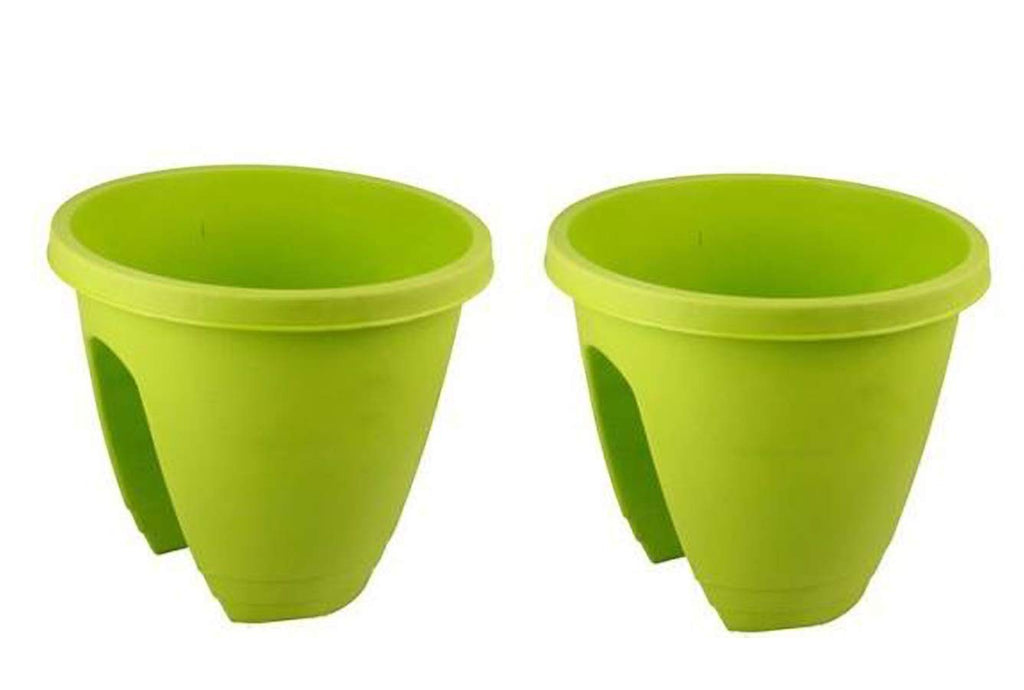 GoHooked set of 2 green 12-inch plastic railing planters with UV resistant feature.
