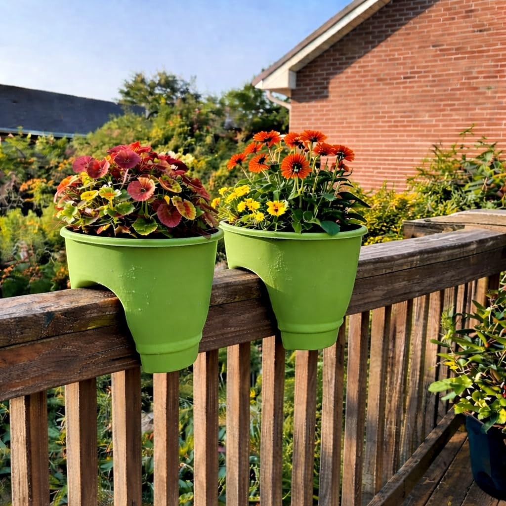 Go Hooked green plastic railing planters with colorful flowers, perfect for balconies and gardens. Set of 2.