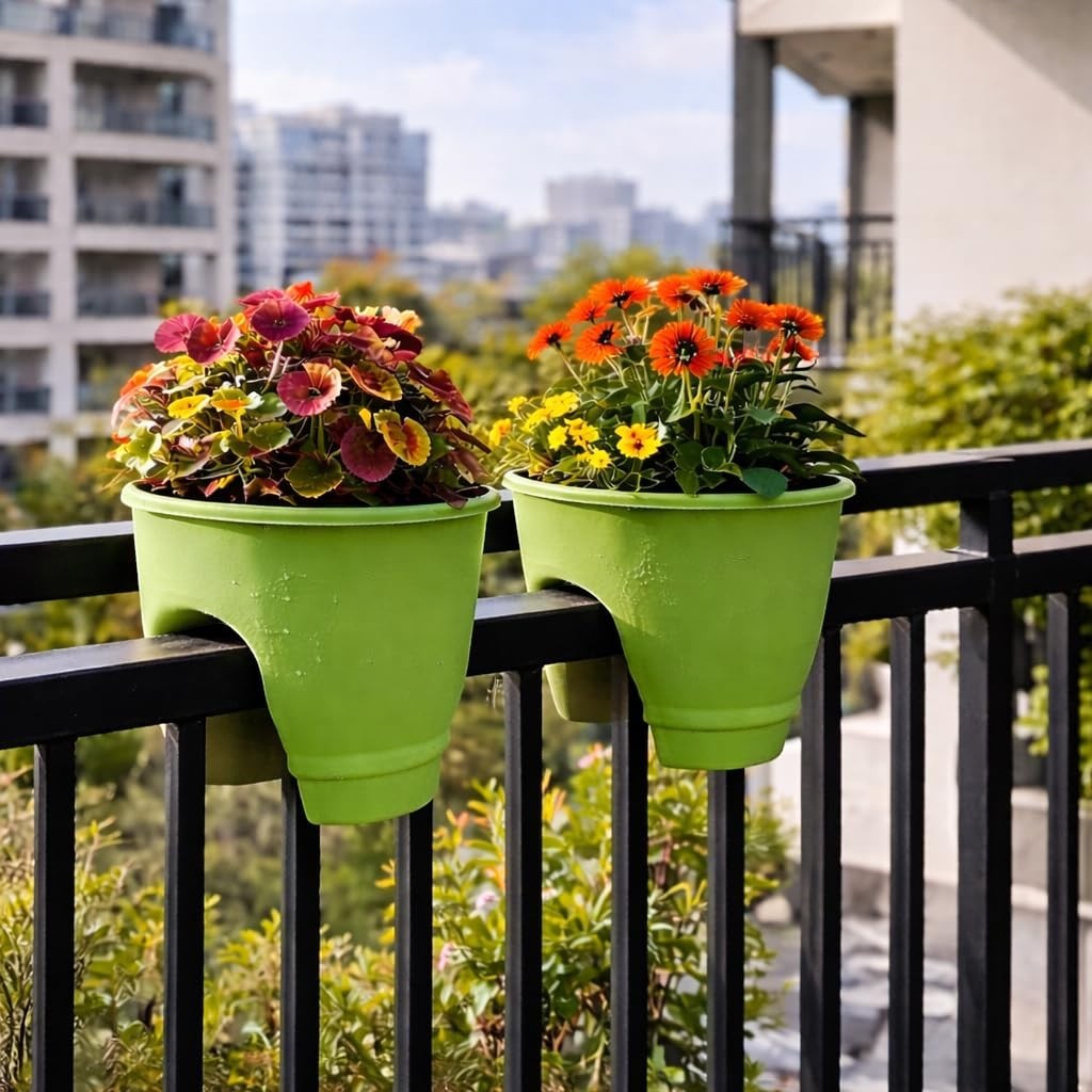 GoHooked set of 2 green plastic 12-inch railing planters with colorful flowers on a balcony.
