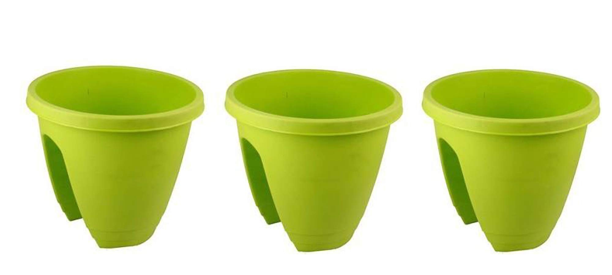 GoHooked set of 3 green 12-inch plastic railing planters for balconies and hanging.