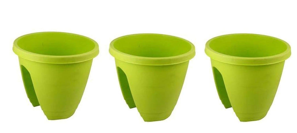 GoHooked set of 3 green 12-inch plastic railing planters with a modern style and lightweight design.