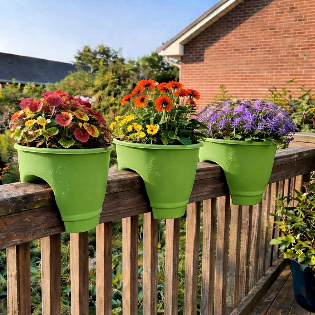 GoHooked set of 3 green plastic 12-inch railing planters filled with colorful flowers on a wooden deck.
