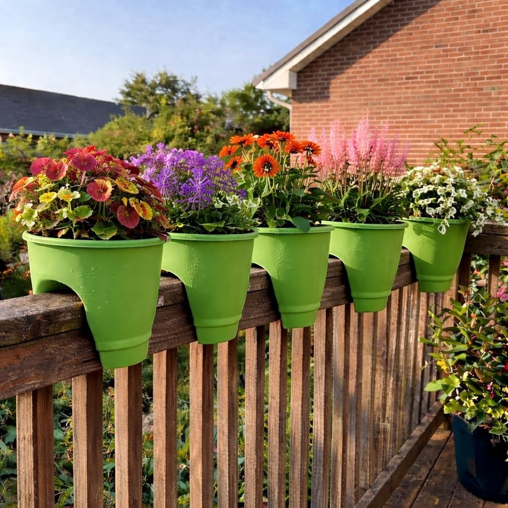 GoHooked green plastic railing planters with colorful flowers on a wooden deck railing.