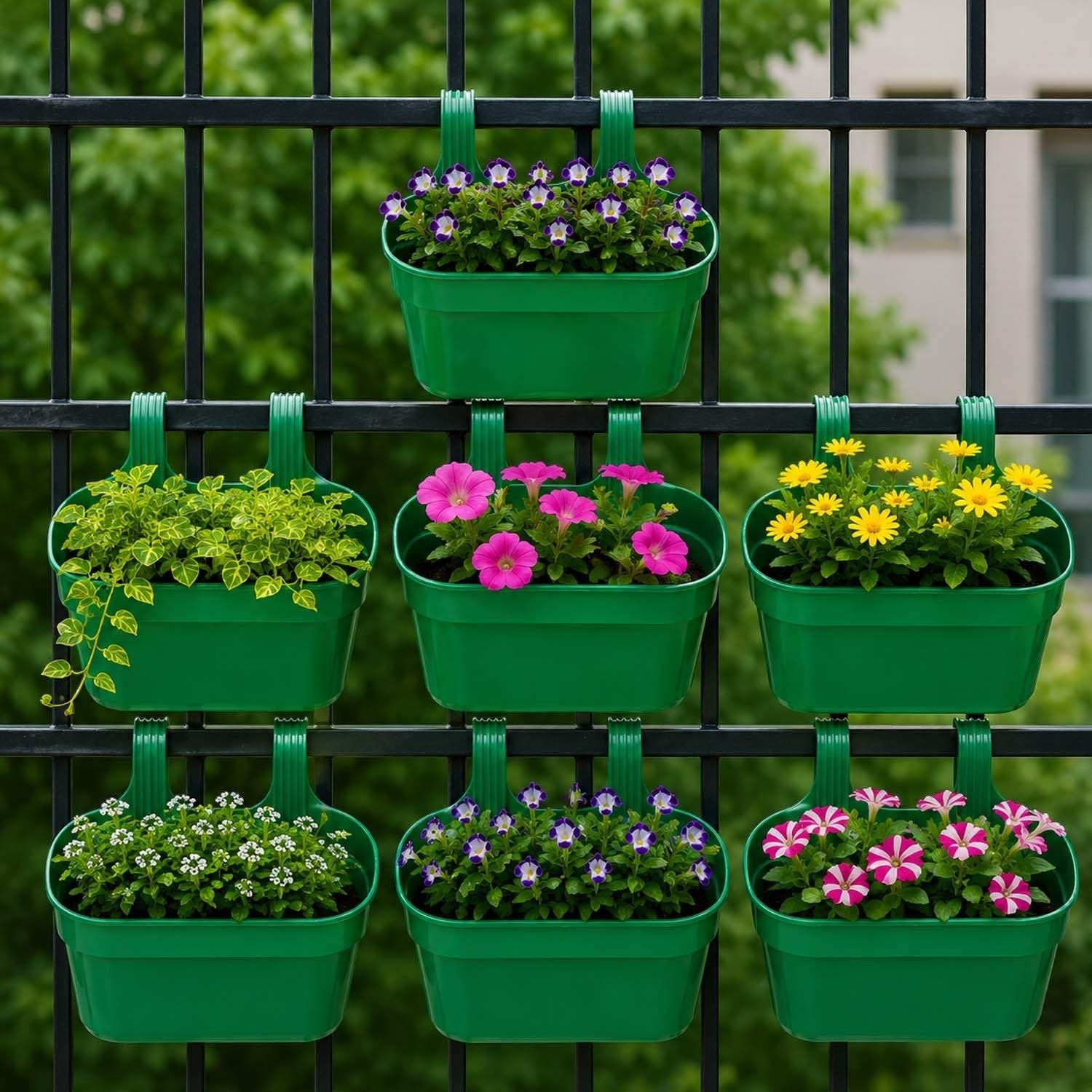 GoHooked green plastic railing hanging planters with purple, pink, and yellow flowers.