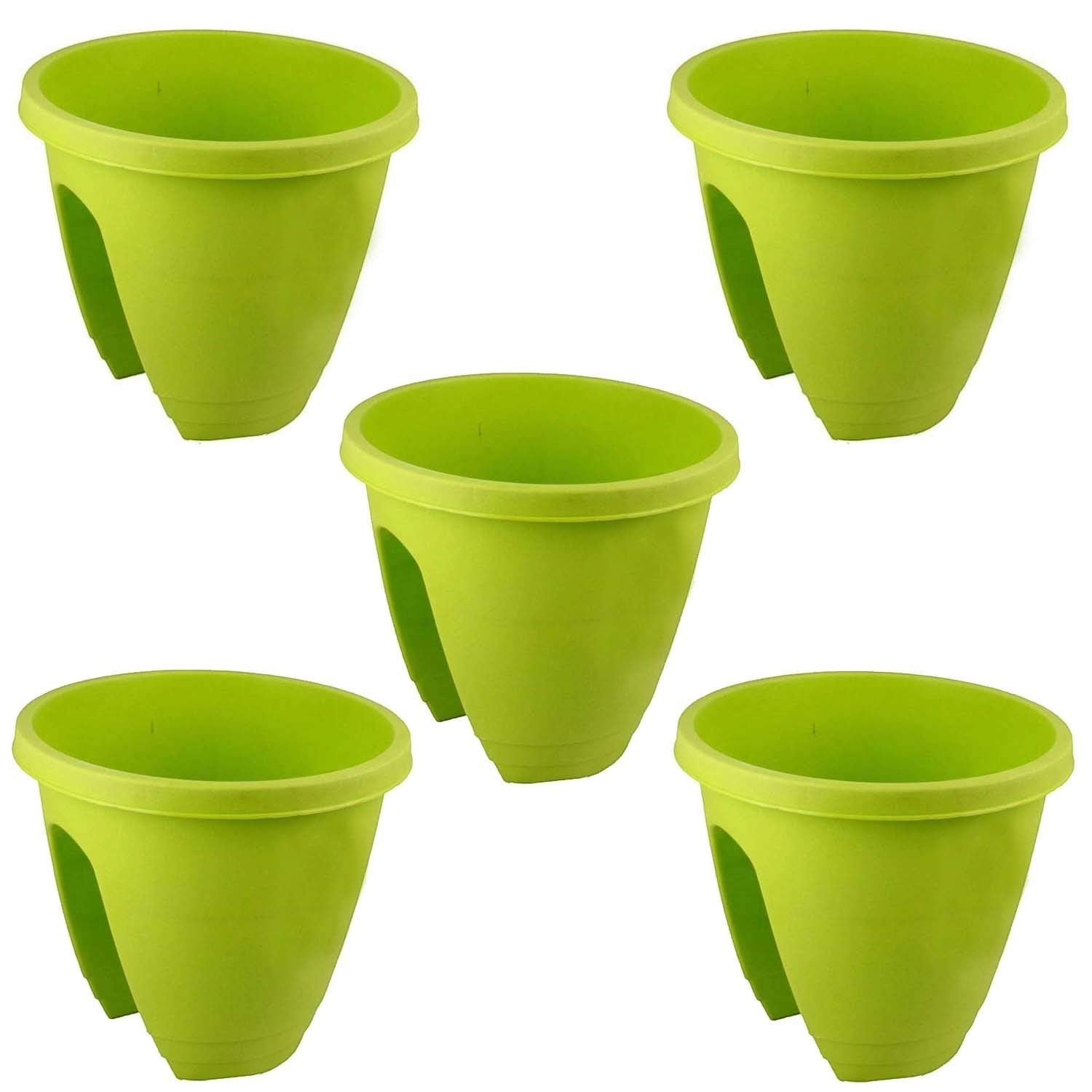 GoHooked green plastic railing planters, set of 5, 12-inch size, perfect for balconies and flowers.