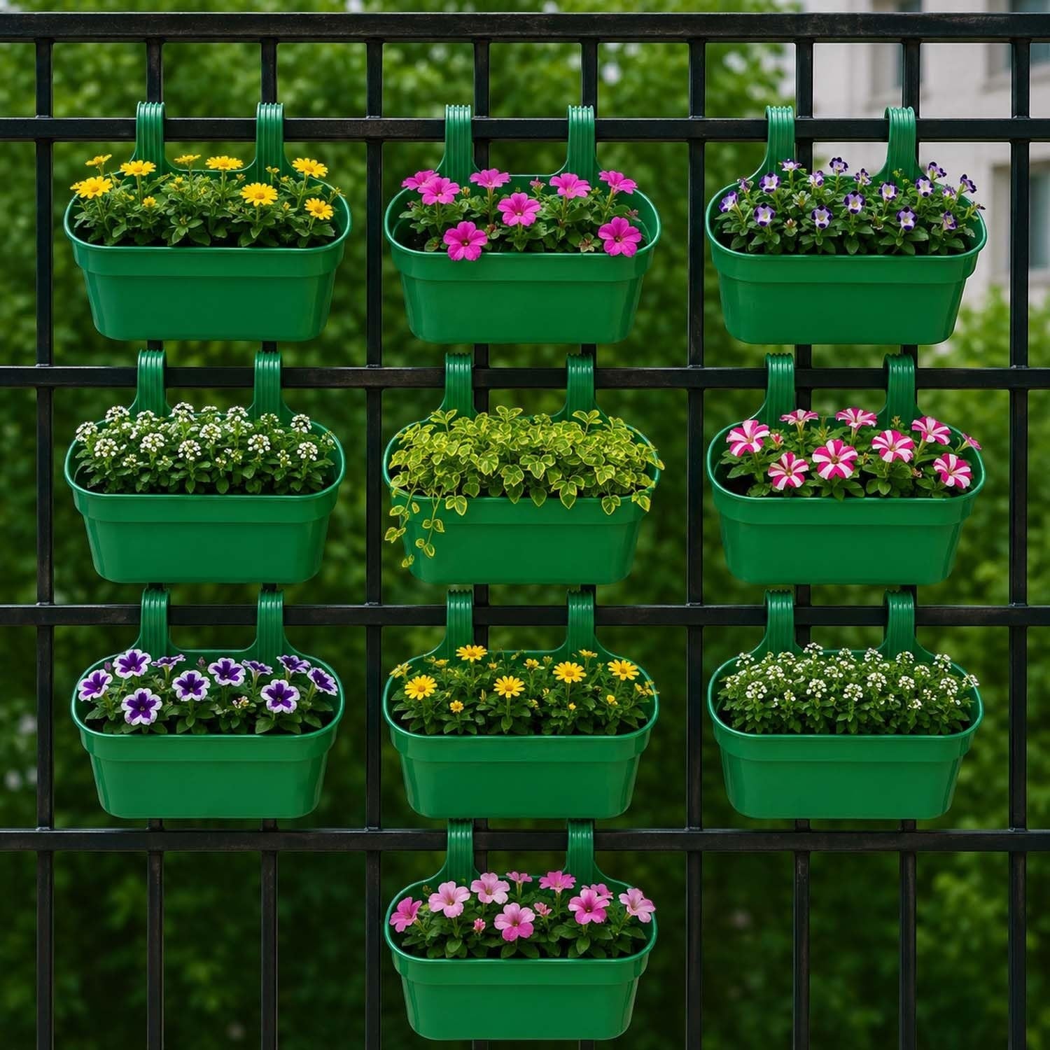 GoHooked green plastic railing planters with double hooks, holding various flowers and plants. Set of 5.