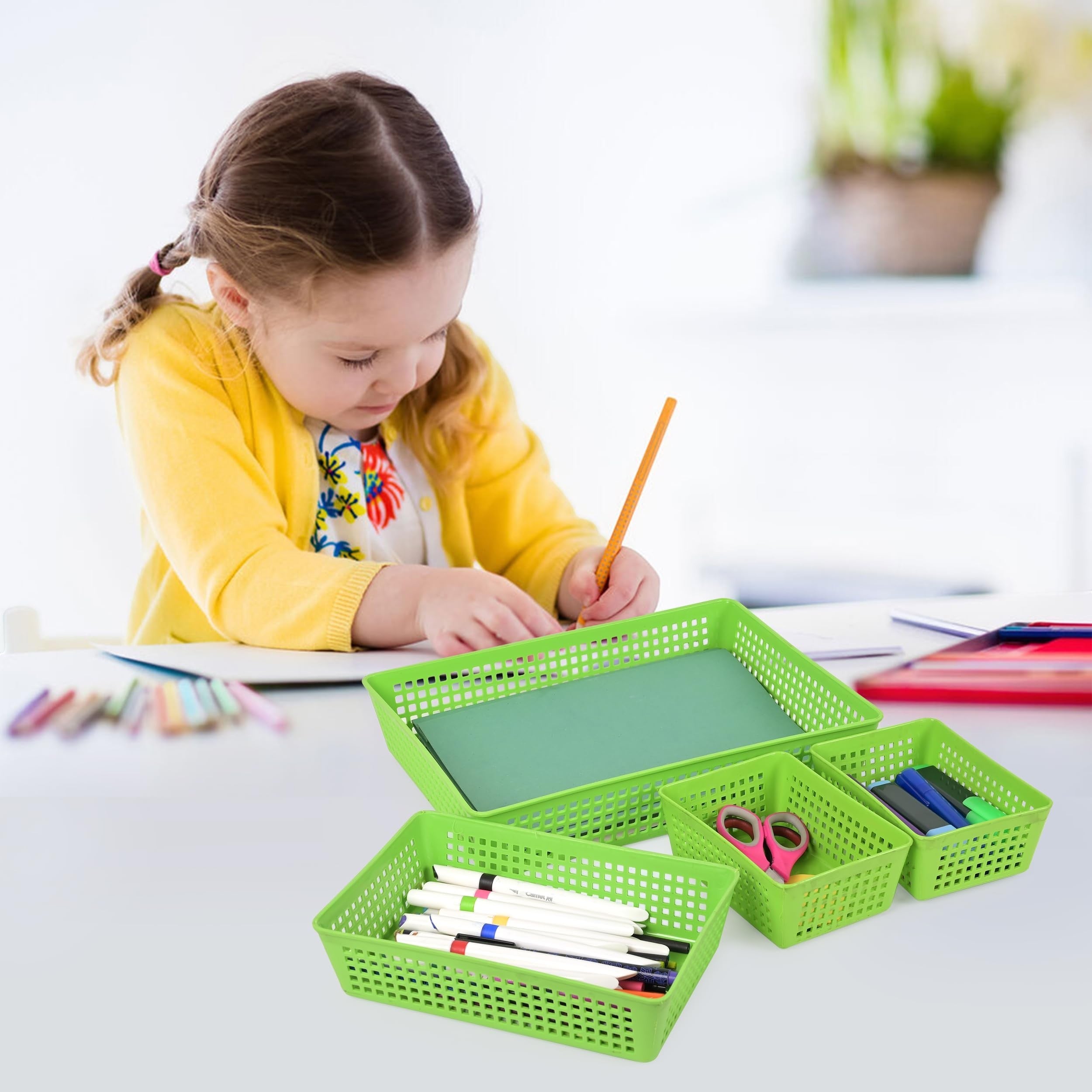 GoHooked green plastic organizer trays for stationery, makeup, and storage. Set of 4.