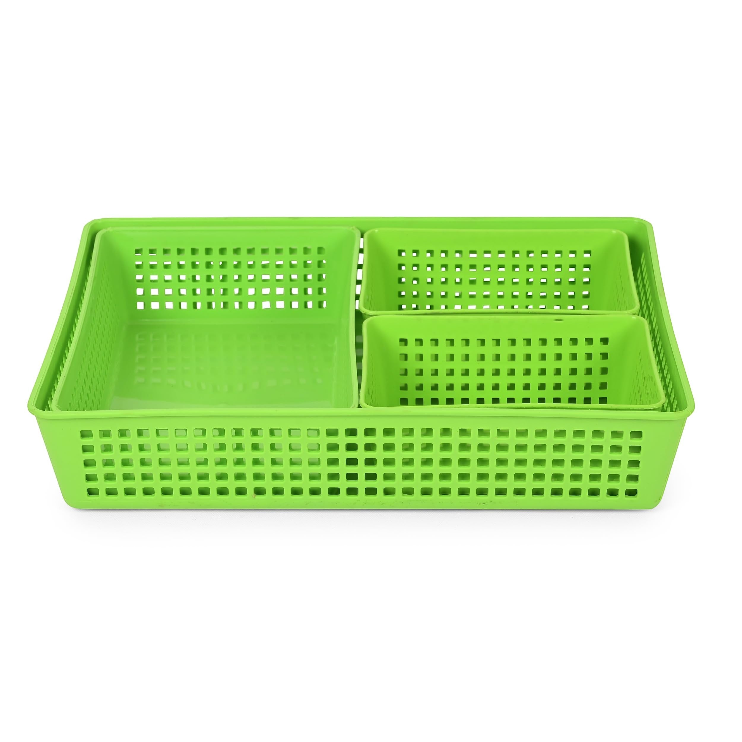 GoHooked 4-piece green plastic organizer tray set with perforated sides. Ideal for stationery, makeup, or kitchen items.