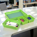 GoHooked 4-piece green plastic organizer trays with perforated sides, holding pens, scissors, and markers on a white desk.