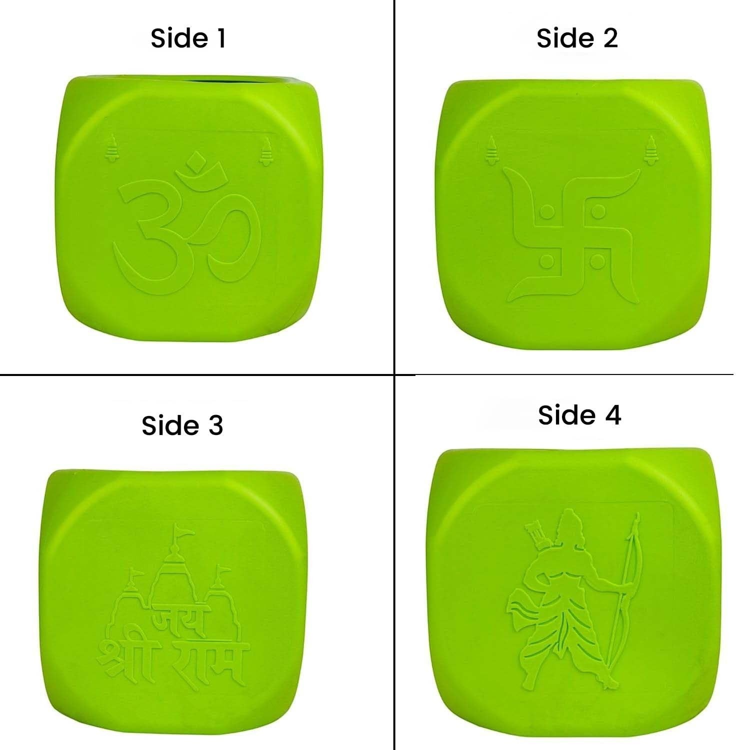 GoHooked green plastic square Tulsi pot with Om, Swastika, Jai Shri Ram, and Rama motifs. Lightweight and durable.