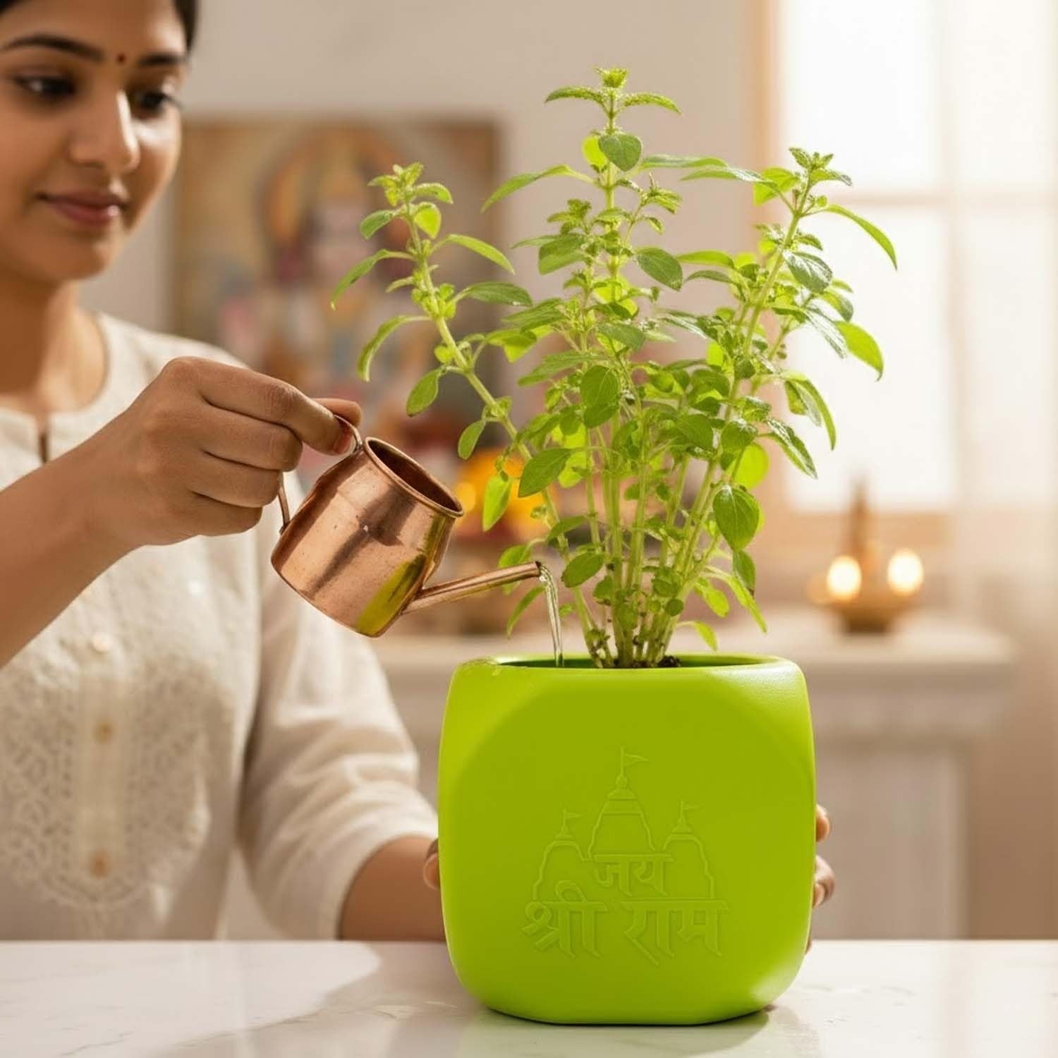 GoHooked green plastic square Tulsi plant pot with Hindu religious symbols, 17.5 cm, for home and pooja room.