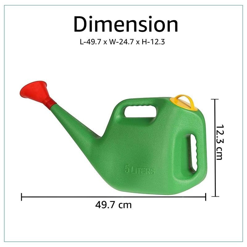 GoHooked green 5-litre plastic watering can with red spout and yellow lid, ideal for indoor and outdoor gardening.