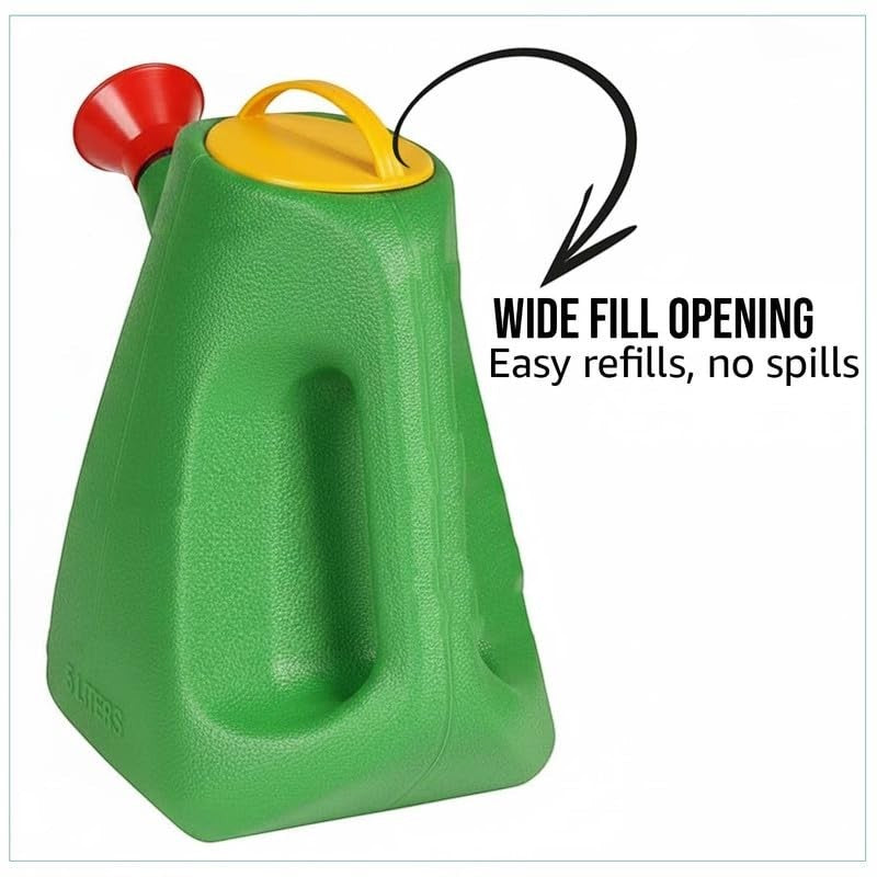 GoHooked green 5-litre plastic watering can with yellow lid and red spout. Features wide fill opening.
