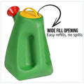 GoHooked green 5-litre plastic watering can with yellow lid and red spout. Features wide fill opening.