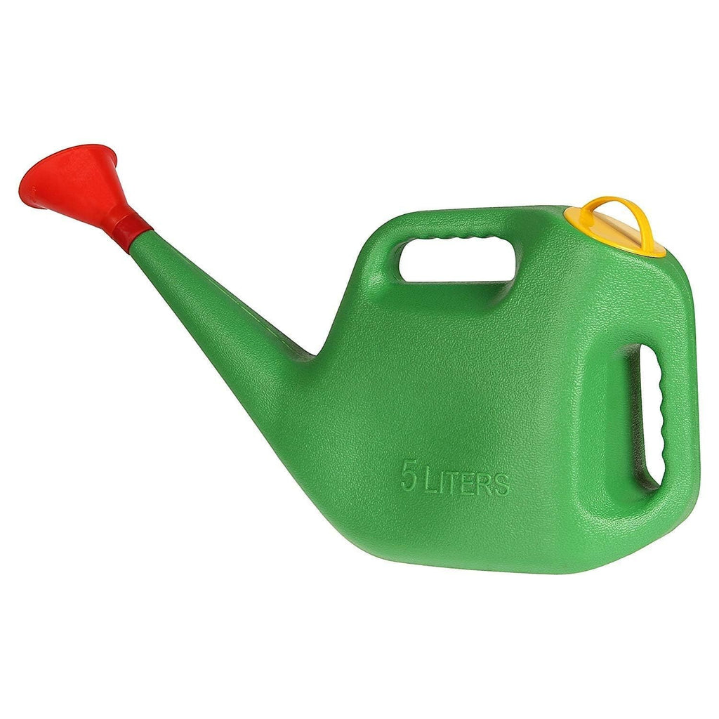 GoHooked green plastic 5-liter watering can with red spout and yellow lid, ideal for houseplants and gardens.
