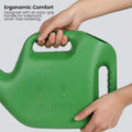 GoHooked green 5-liter plastic watering can with ergonomic handle and water droplets.
