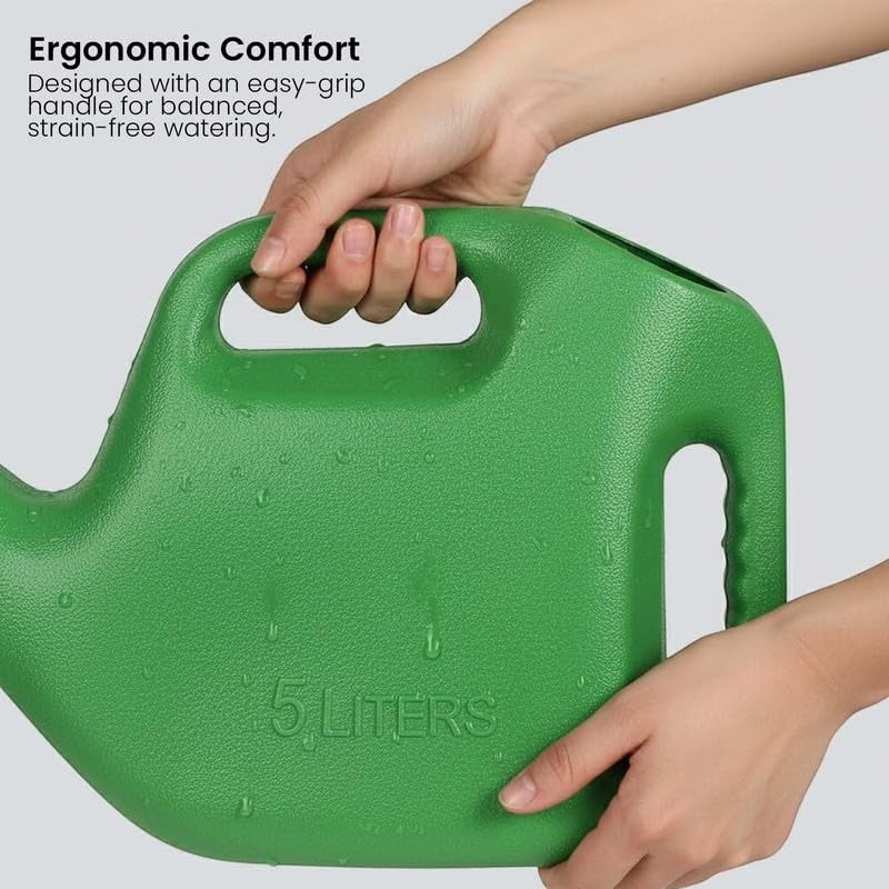 GoHooked green 5-liter plastic watering can with ergonomic handle and water droplets.