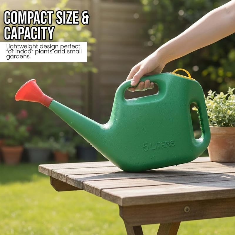 GoHooked green 5-litre plastic watering can with red spout, ideal for indoor and outdoor plants.