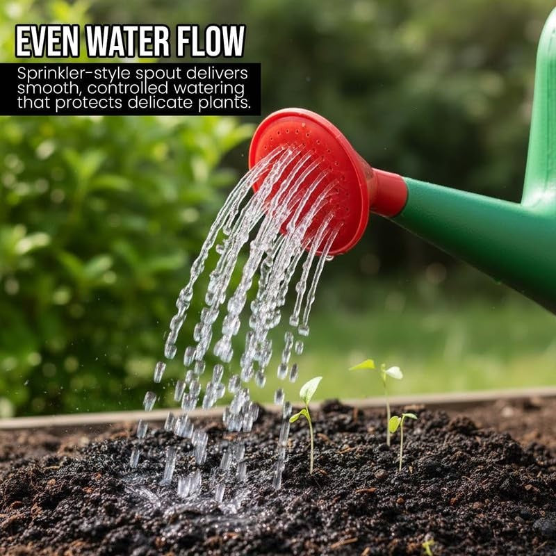GoHooked green 5-litre plastic watering can with red sprinkler spout watering delicate plants.