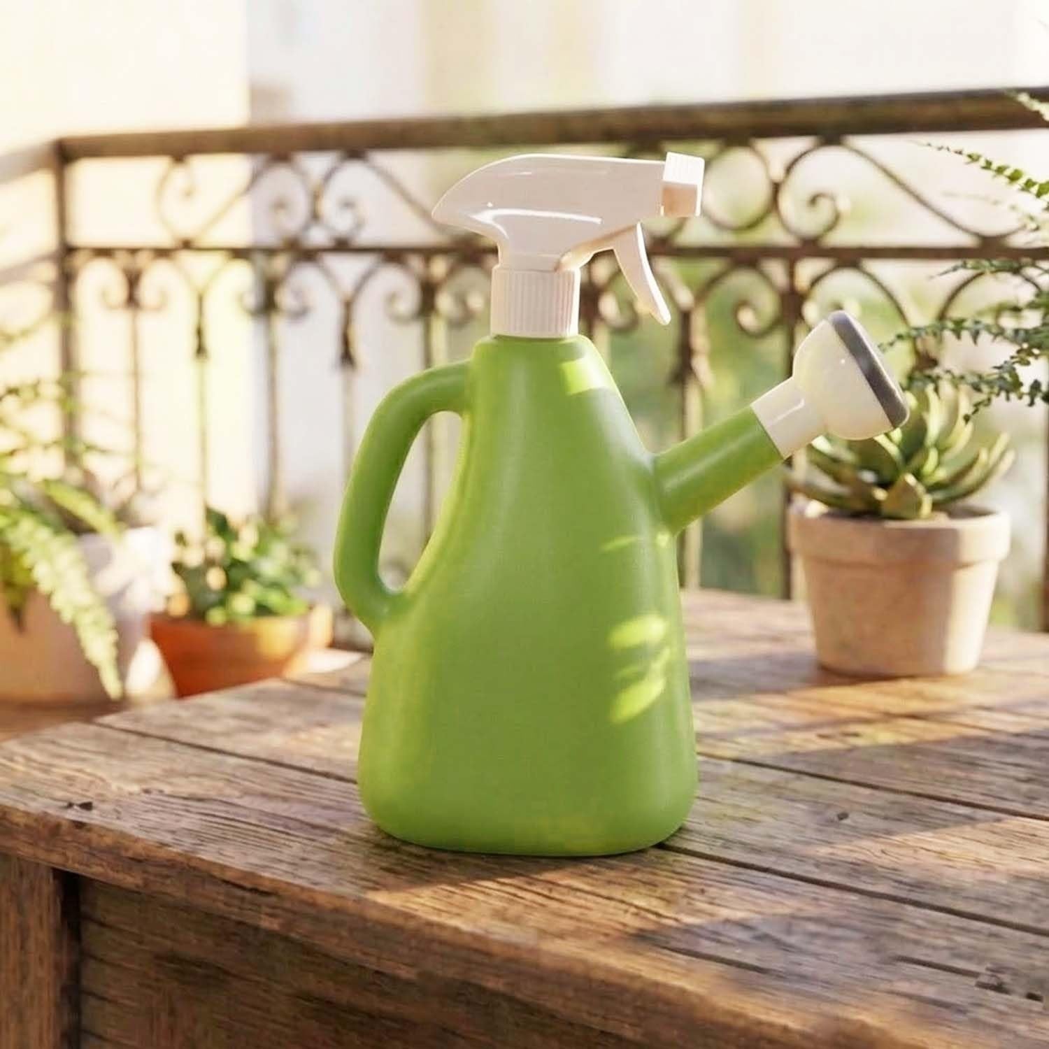 GoHooked green plastic 1L watering can with spray bottle attachment and shower head spout, ideal for indoor plants.