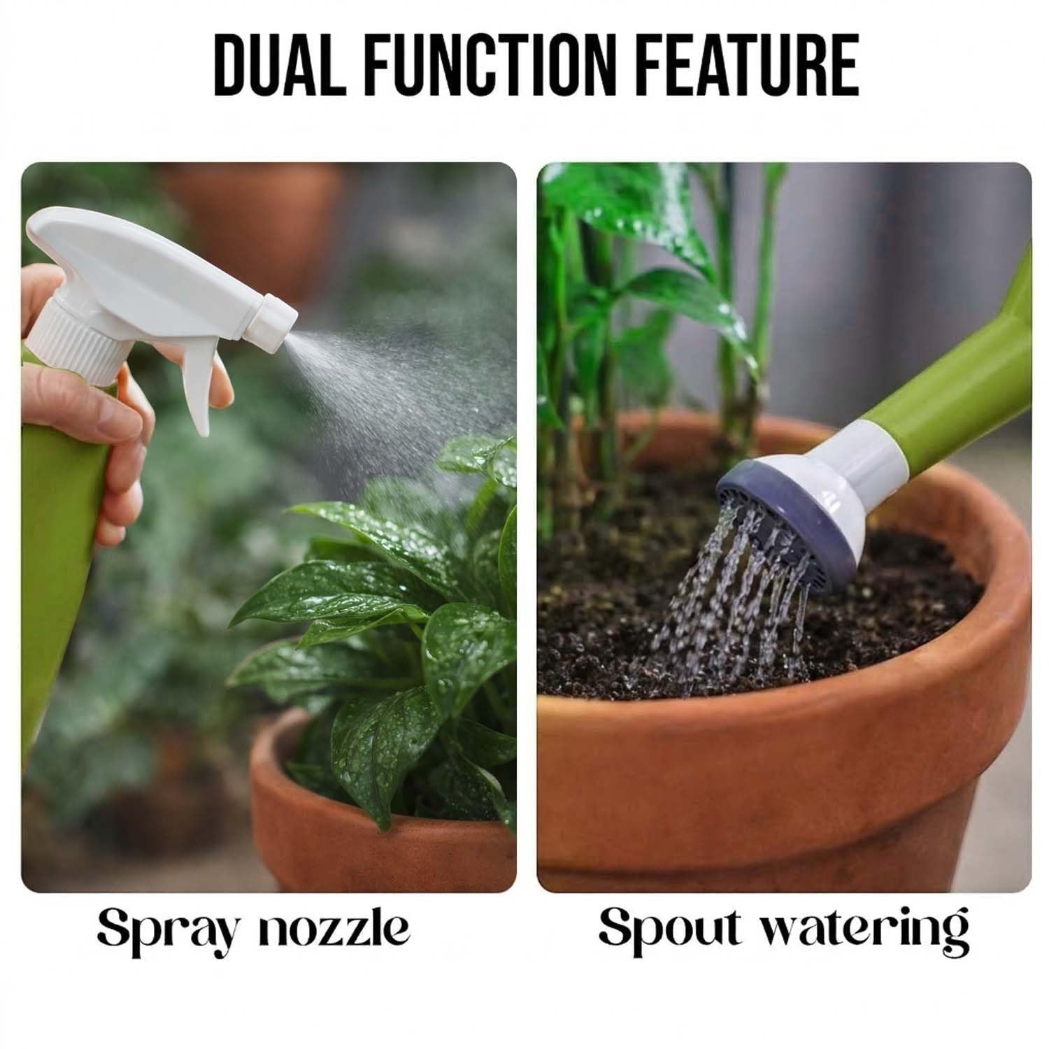 GoHooked green 1L plastic watering can with spray nozzle and shower head for indoor plants