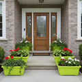 GoHooked green rectangular plastic planters with red and white flowers on a home's front steps.