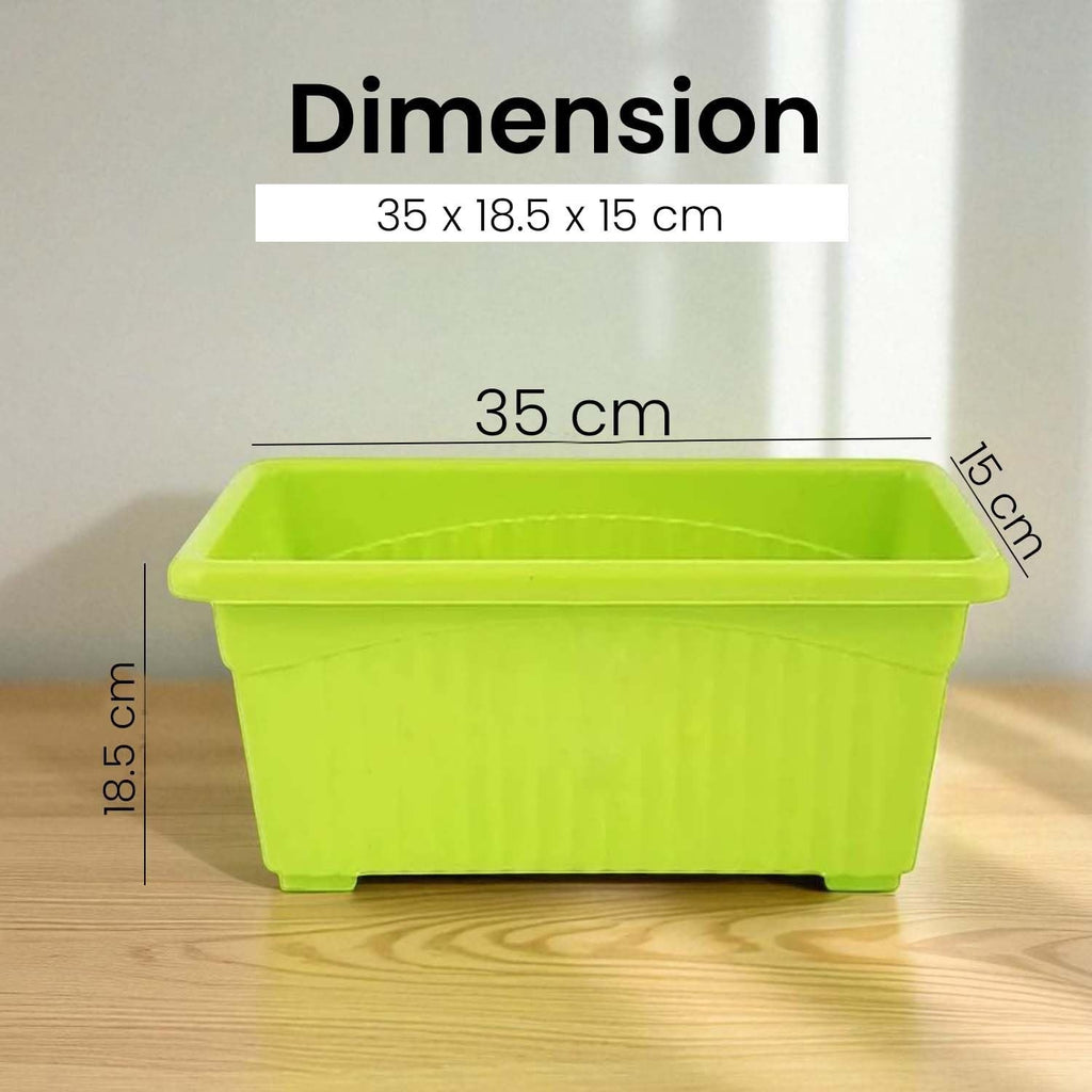 GoHooked green rectangular plastic plant pot, 35x18.5x15 cm, rust resistant, ideal for home or garden.
