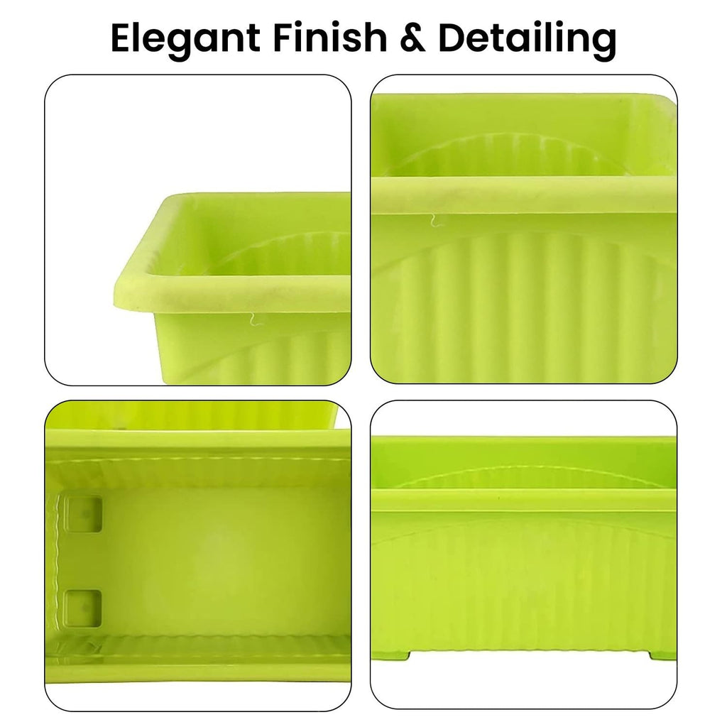 GoHooked set of 4 green rectangular plastic plant pots with rust-resistant feature.