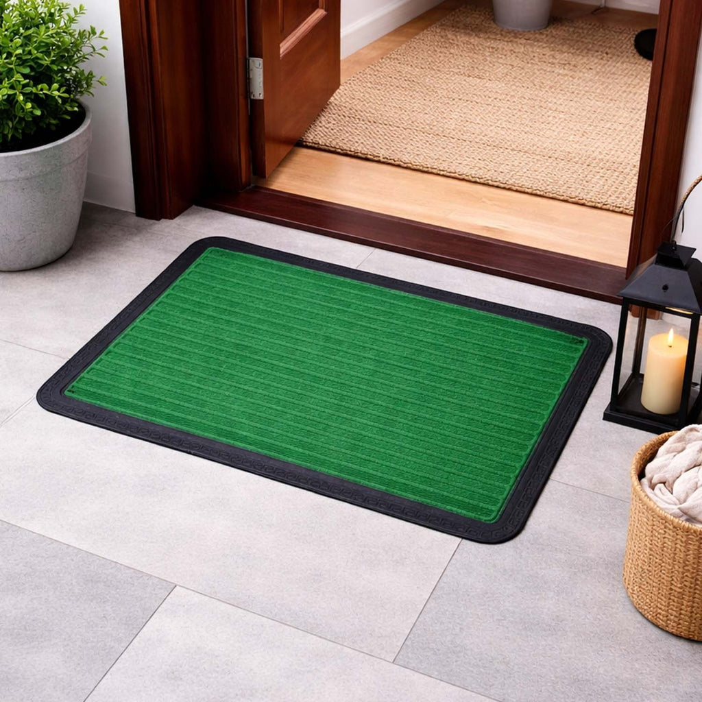 GoHooked green rubber door mat with ribbed texture and black border for home entrance and indoor use.