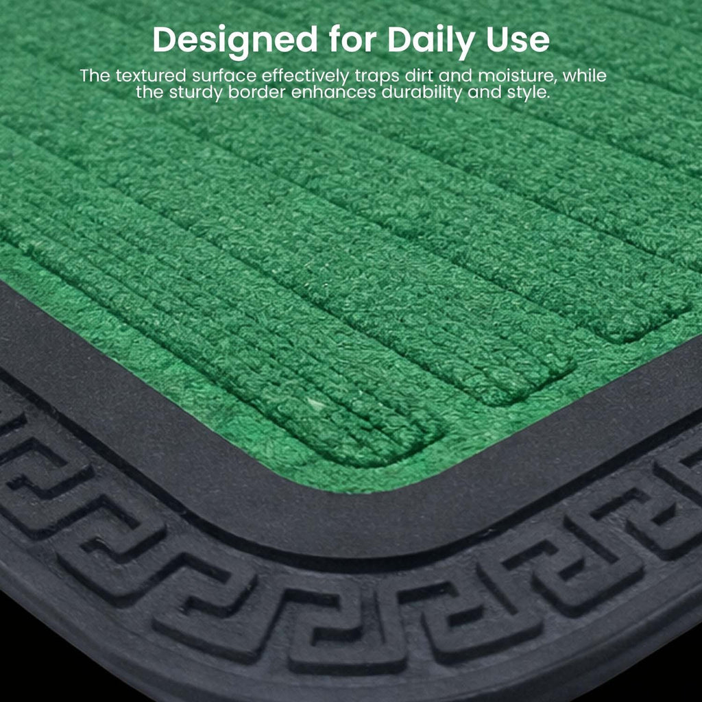 GoHooked green rubber door mat with ribbed texture and decorative black border for dirt trapping