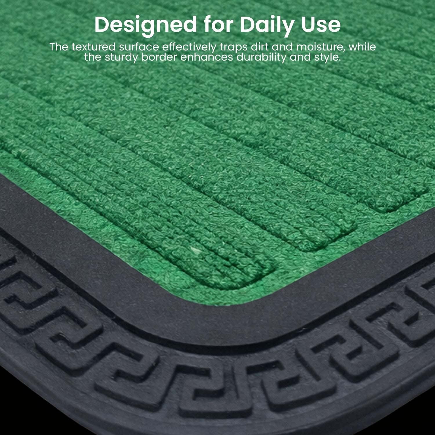GoHooked green rubber door mat with ribbed texture and decorative black border for dirt trapping
