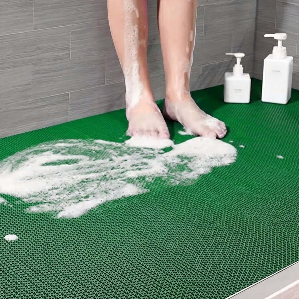 GoHooked green anti-skid rubber bathroom mat with triangular drainage pattern for wet shower floors