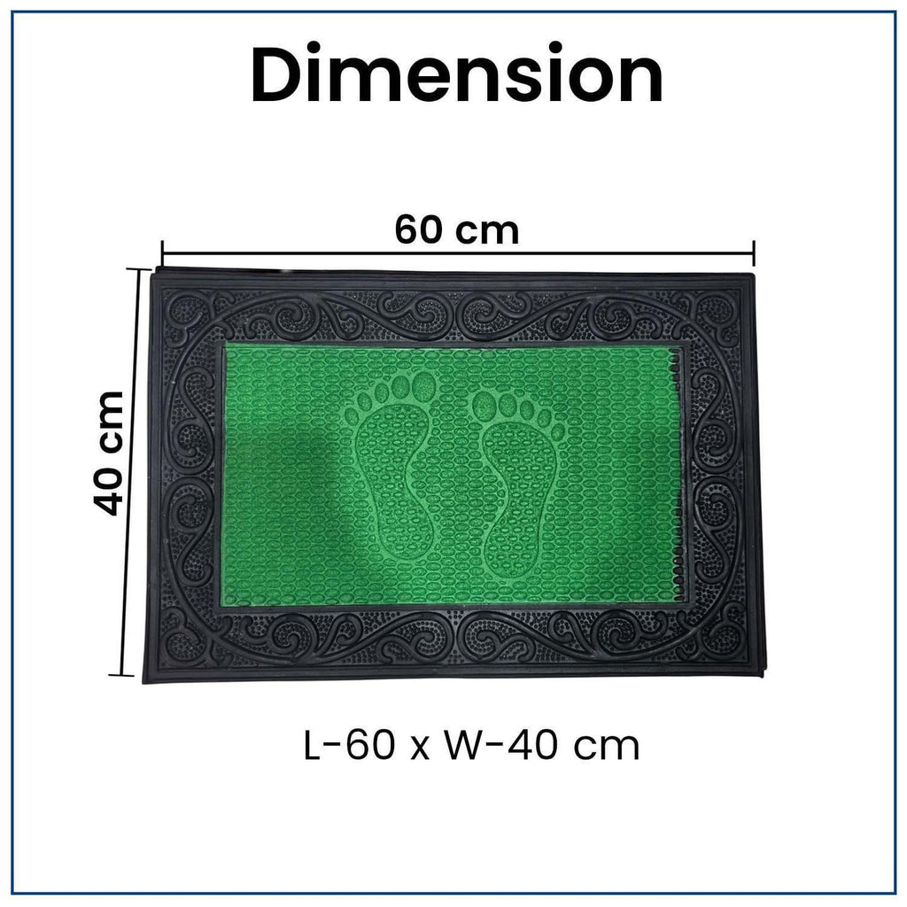 GoHooked green rubber door mat with black border and footprint design, measuring 40x60 cm for home entrance use.