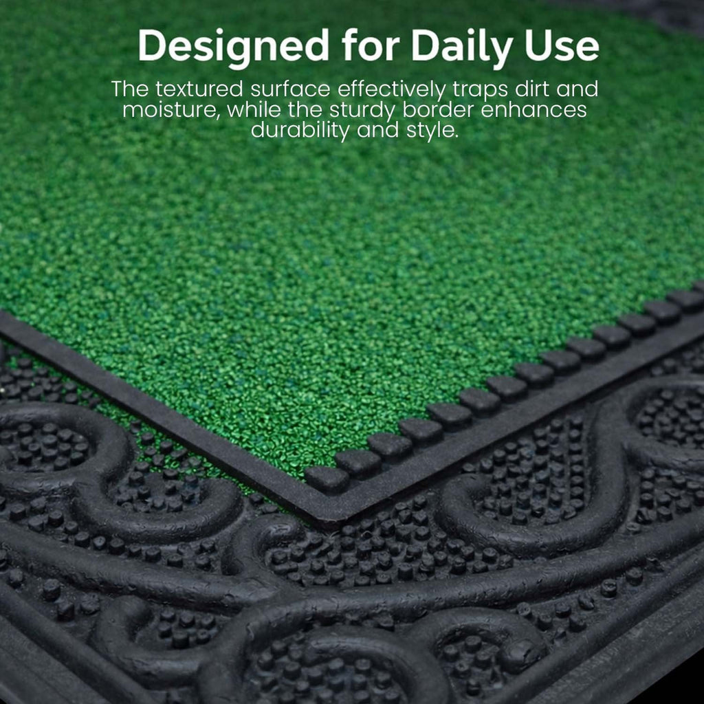 GoHooked green rubber door mat with a textured pebble surface and decorative black border for dust control.