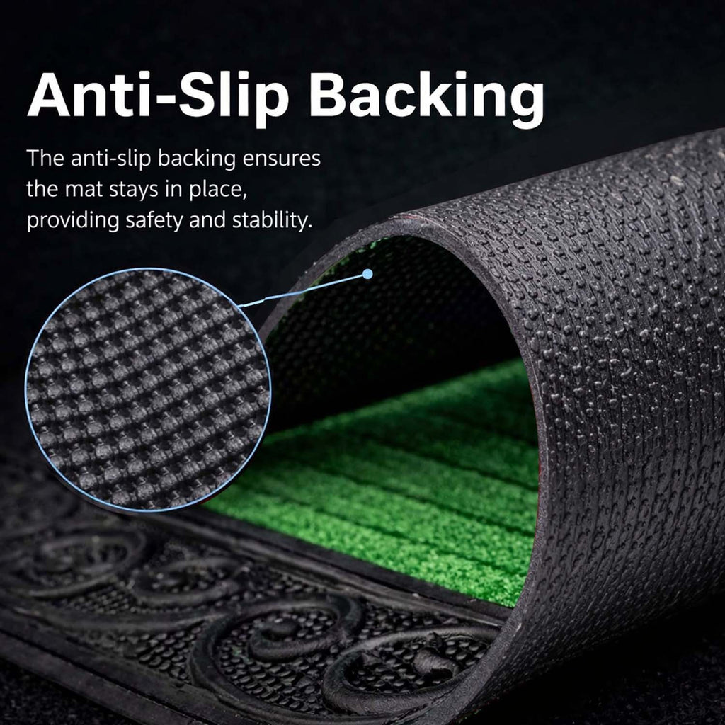 GoHooked green rubber door mat with ribbed surface and decorative border showing anti-slip textured backing detail