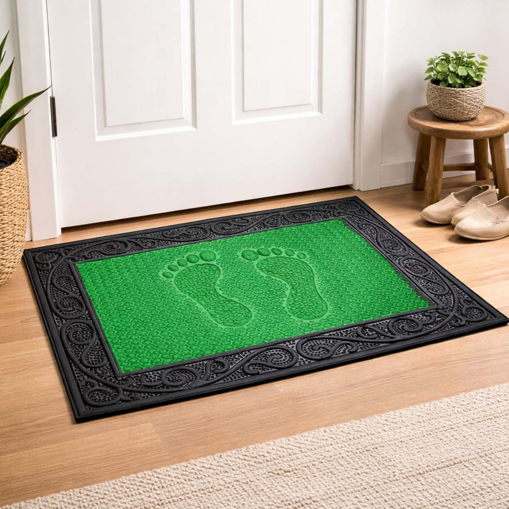 GoHooked green rubber door mat with black border and pebble footprint texture for home entrance dust control.