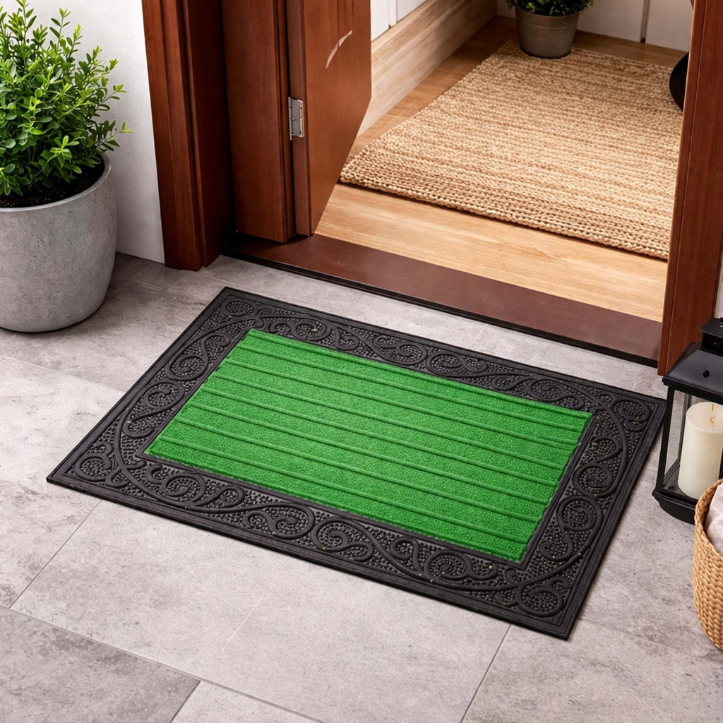 GoHooked green rubber door mat with a decorative black border and ribbed surface for home entrance dirt trapping.
