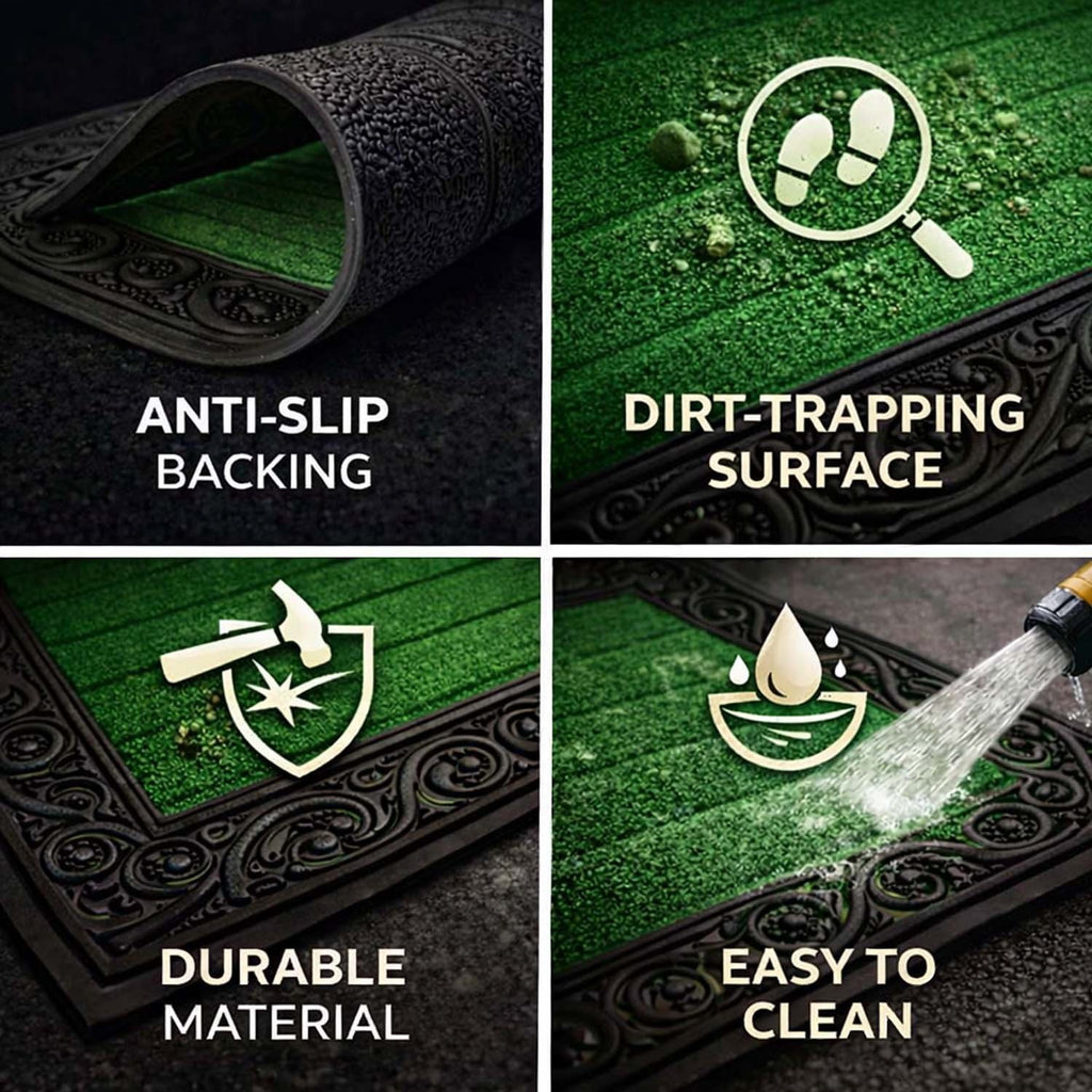 GoHooked green rubber door mat with ribbed surface, anti-slip backing, and decorative border for home entrance.