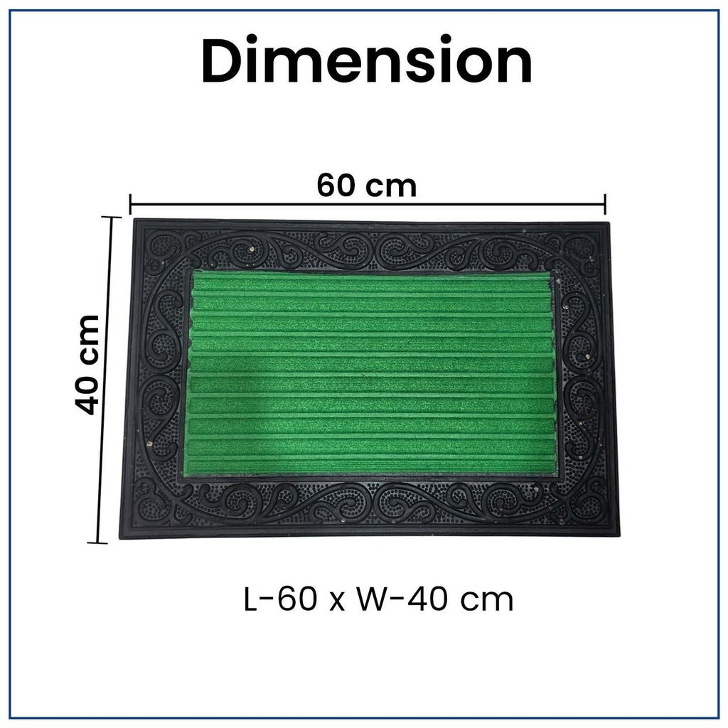 GoHooked green rubber door mat with a decorative border and ribbed surface, measuring 40x60 cm for home entrance.