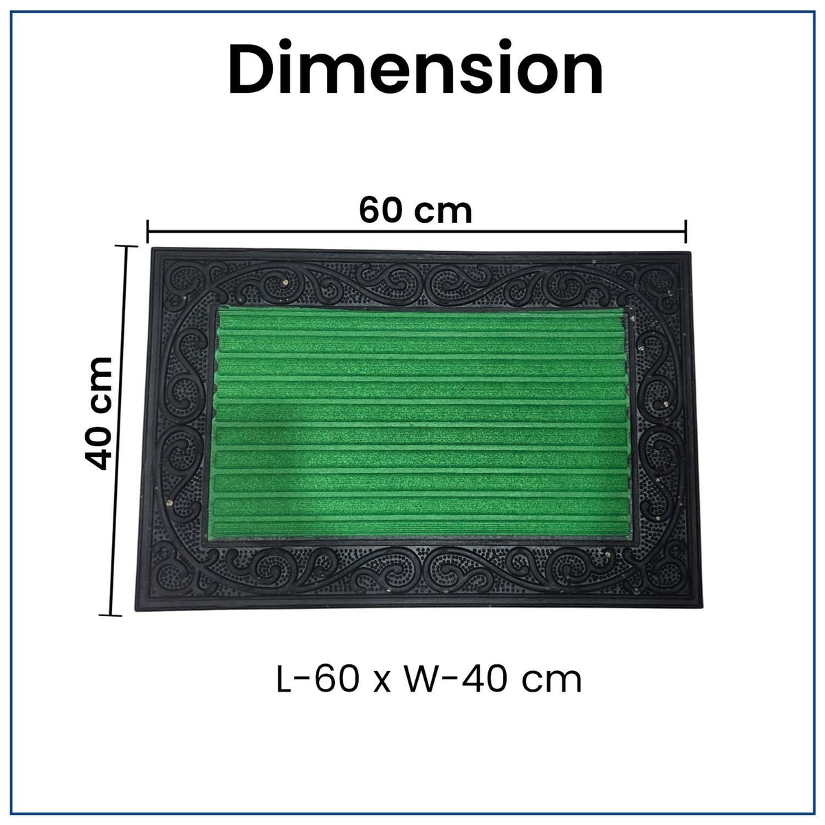 GoHooked green rubber door mat with a decorative border and ribbed surface, measuring 40x60 cm for home entrance.
