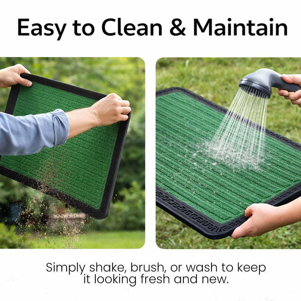 GoHooked green rubber door mat with ribbed texture being shaken and rinsed clean for easy maintenance.
