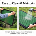 GoHooked green rubber door mat with ribbed texture being shaken and rinsed clean for easy maintenance.