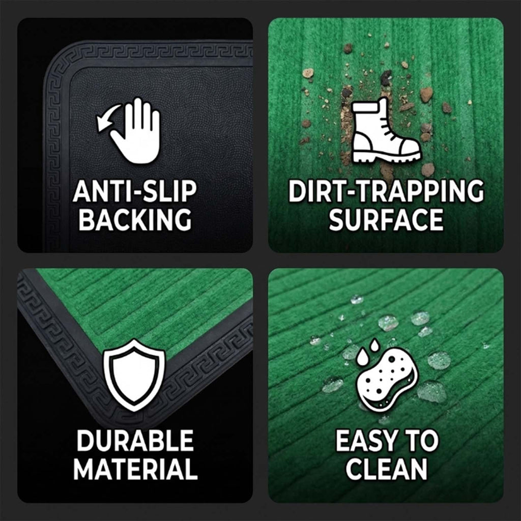 GoHooked green rubber door mat featuring anti-slip backing, ribbed dirt-trapping surface, and easy-clean material.