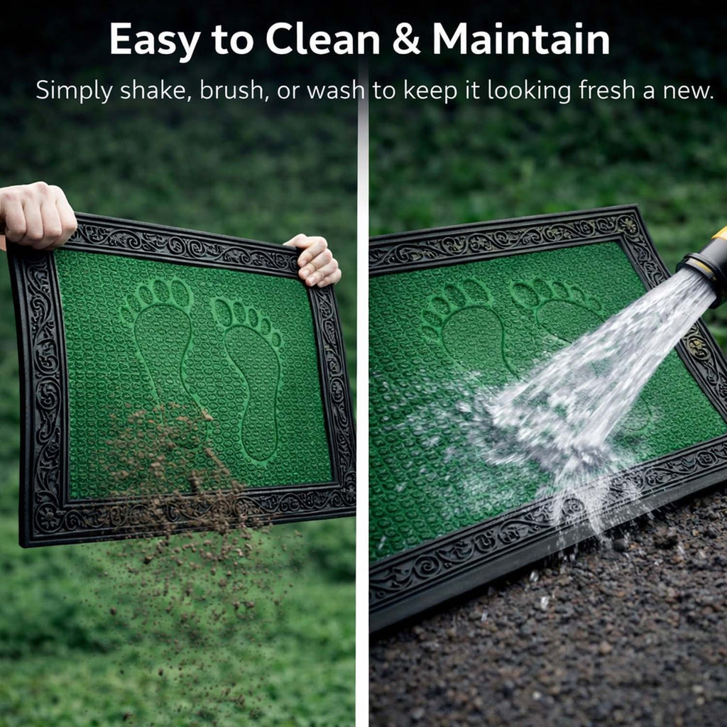 GoHooked green rubber door mat with footprint design being cleaned with water and shaken to remove dirt.