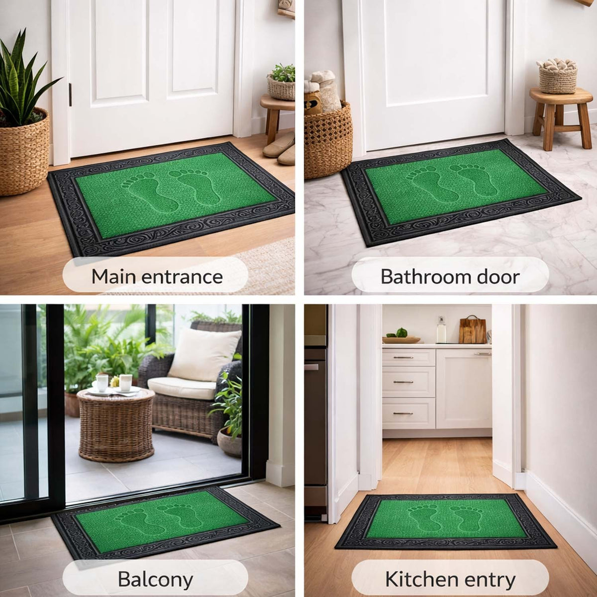 GoHooked green rubber door mat with footprint design and black anti-slip border for home entrance and kitchen